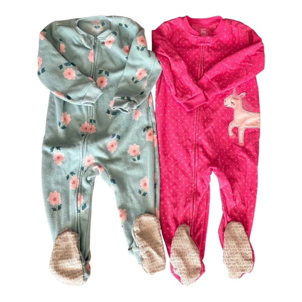 Carters Girls 24M Fleece Footed Pajamas Lot 2 Unicorn Floral Pink Blue Sleeper